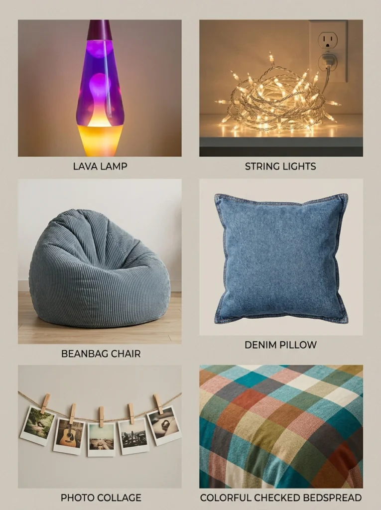  Key elements of 90s bedroom decor including lava lamp, string lights, and beanbag chair