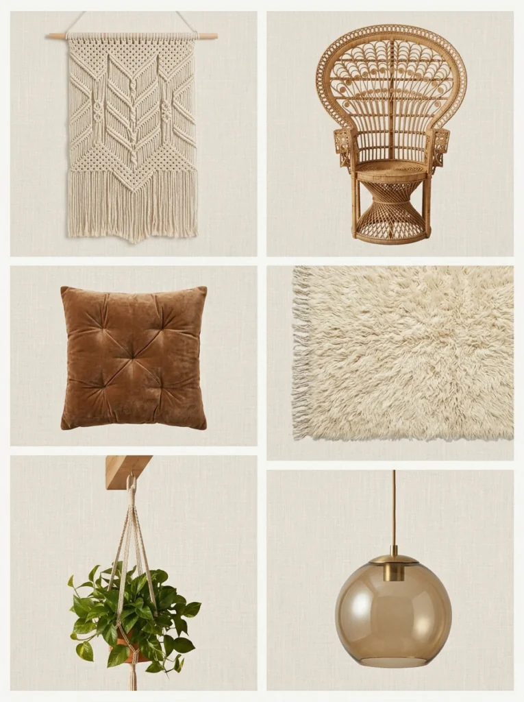 Key elements of 70s bedroom decor including macrame, rattan, shag rug, and plants