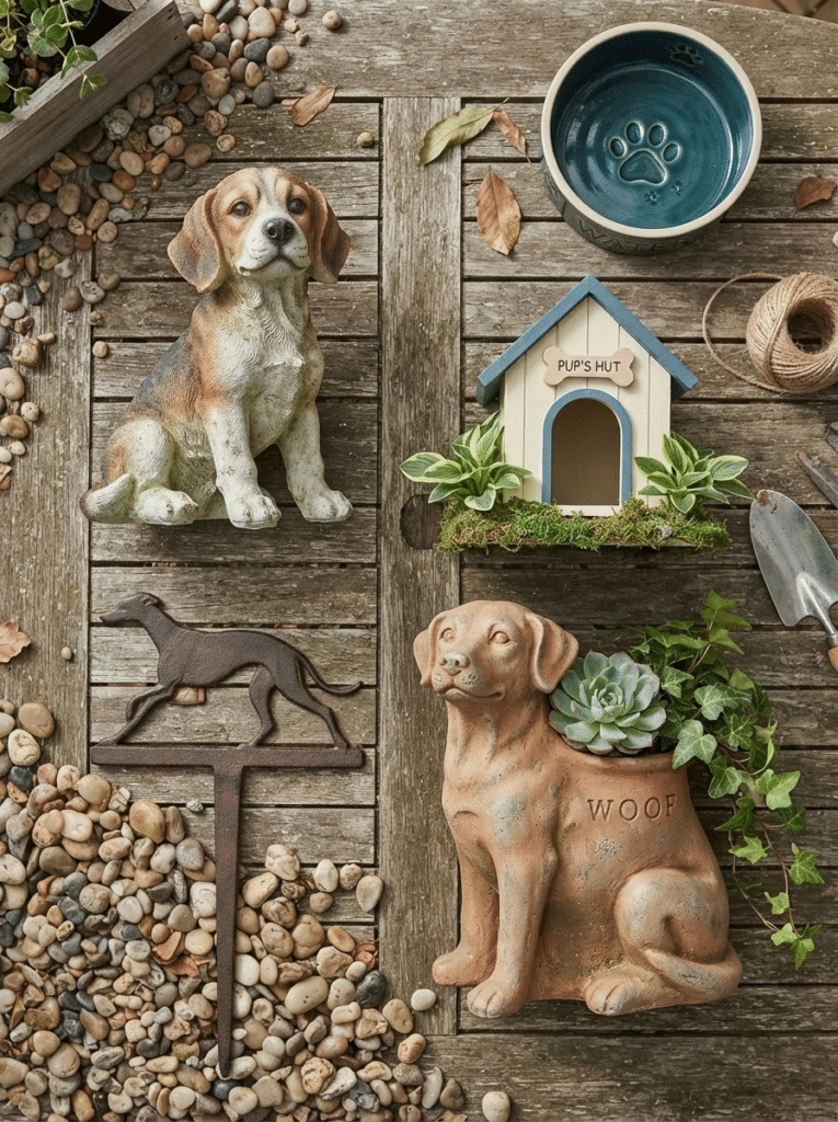 Different types of dog garden decor including statues, stakes, a doghouse, and a water bowl
