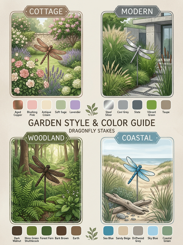 Dragonfly outdoor decor styles for cottage, modern, woodland, and coastal gardens