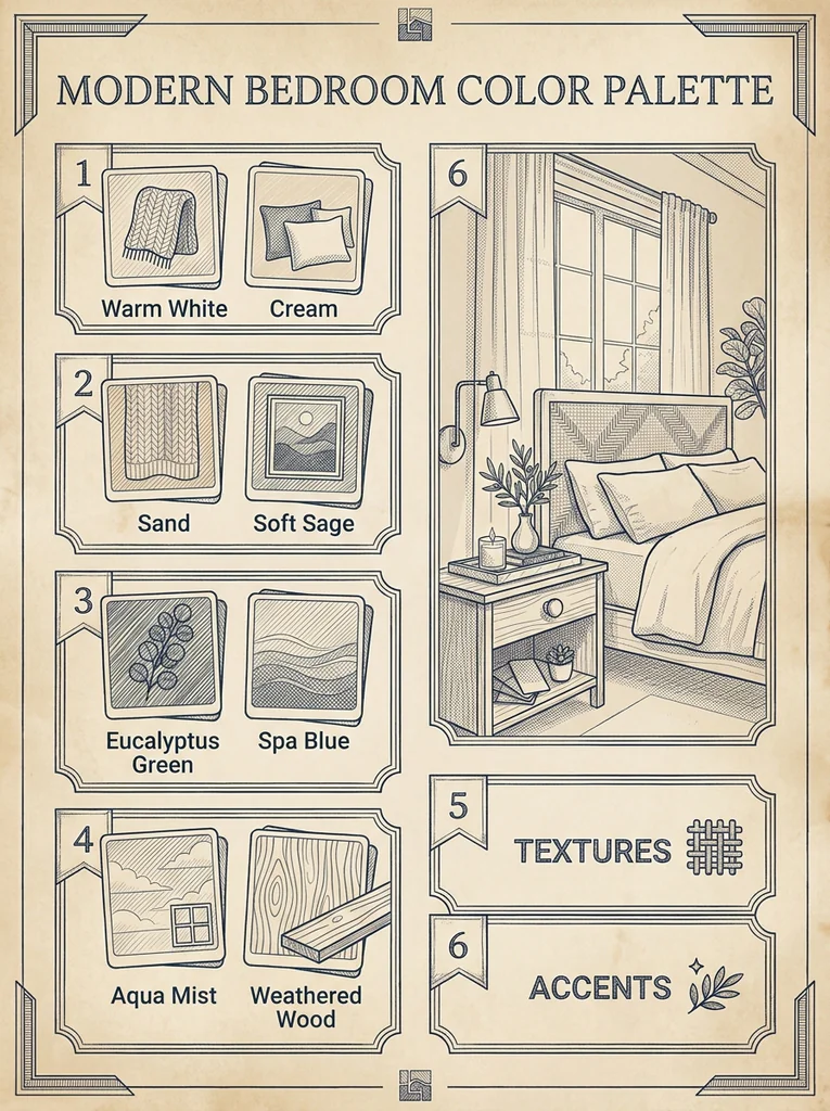 Calm color palette for spa bedroom decor with whites, sage, and soft blues