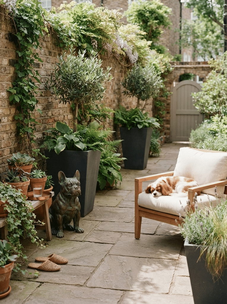 Small city courtyard with dog garden decor and a small dog relaxing