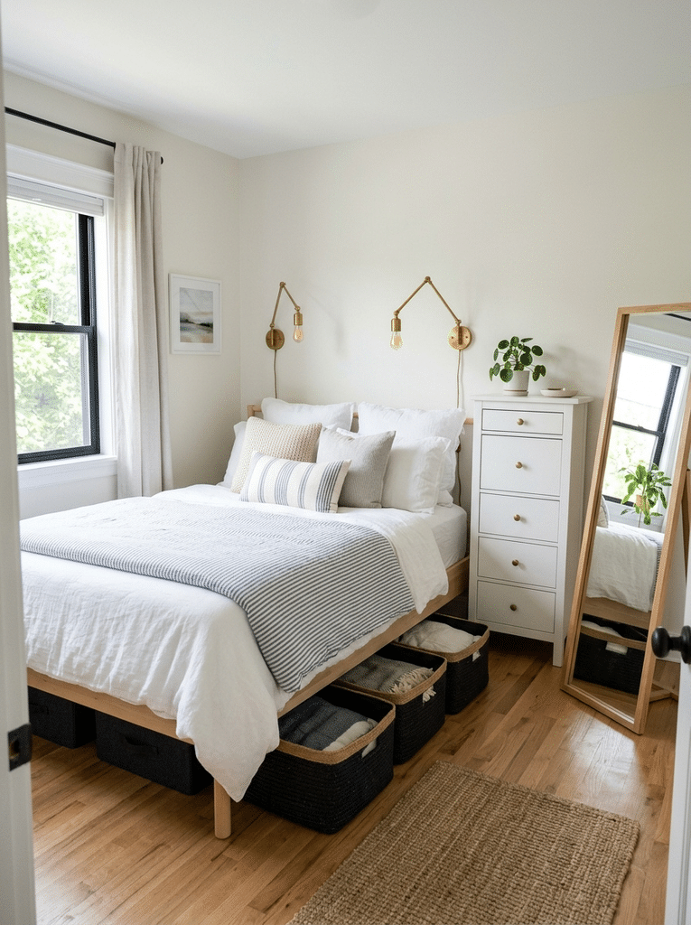 Small guest bedroom with wall sconces, tall dresser, mirror and under bed storage bins