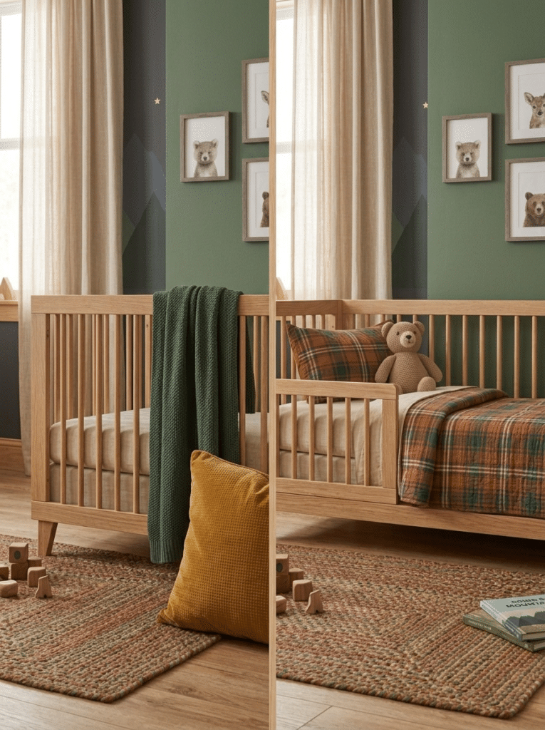 Convertible crib turning into a toddler bed for baby boy bedroom decor