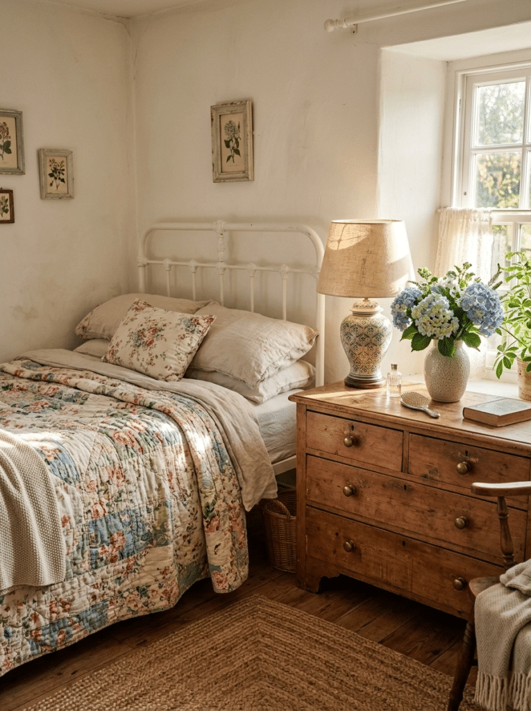 Coastal grandmother bedroom decor with a floral quilt, vintage dresser, and hydrangeas