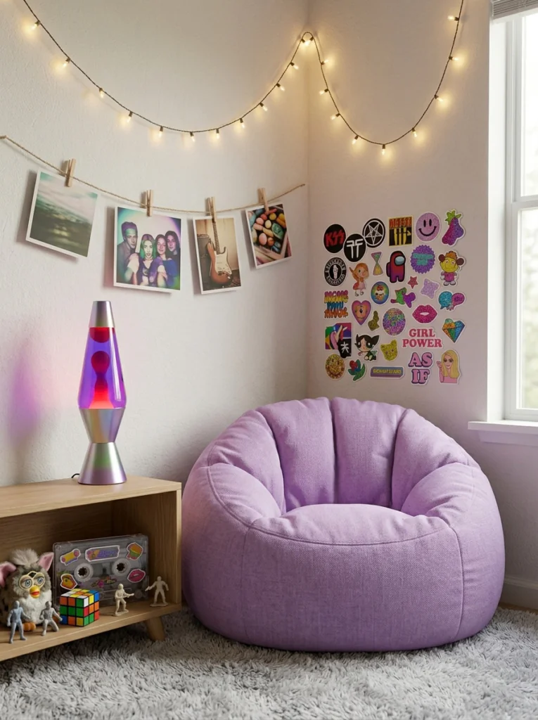 90s bedroom decor pieces including a beanbag chair, lava lamp, string lights, and photo collage