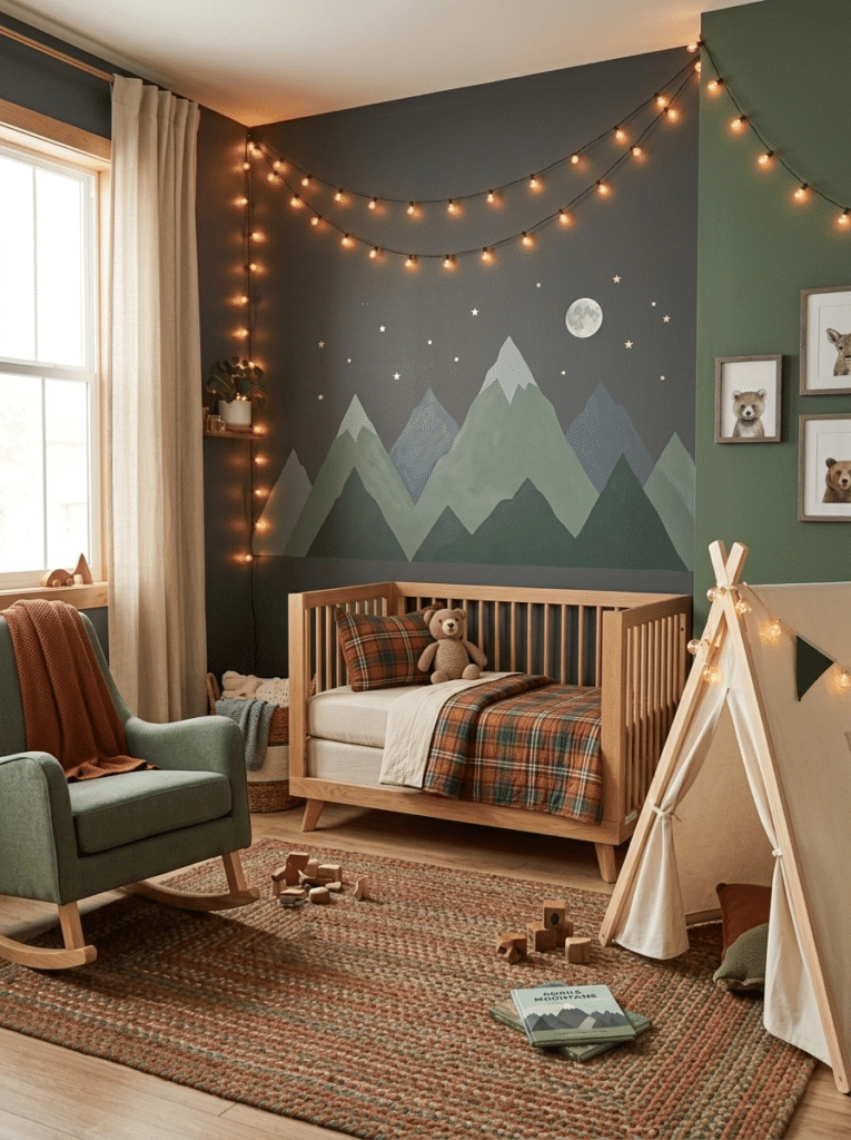 Mountain adventure baby boy bedroom decor with plaid bedding and a play tent