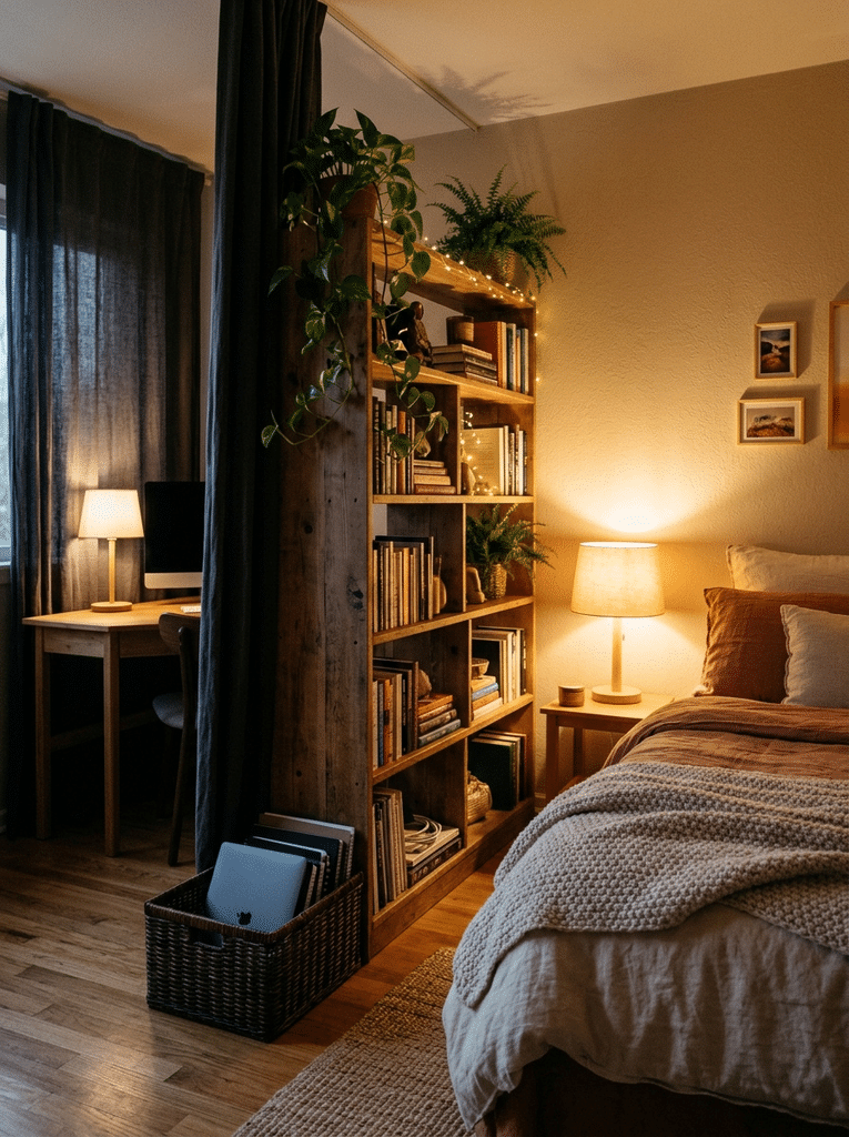 Bedroom with a curtain divider hiding the desk and warm evening light to separate work and sleep zones