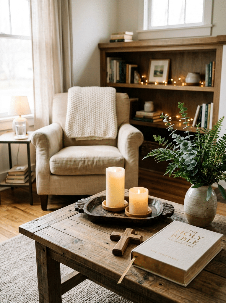Christian home decor ideas including a Bible, cross, candles, and greenery on a coffee table with a prayer corner behind