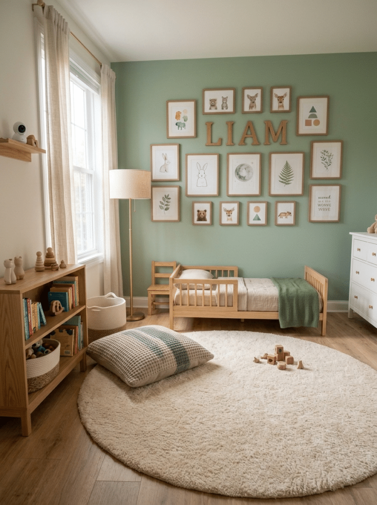 Little boy bedroom decor with a low bed, reading nook, and play rug
