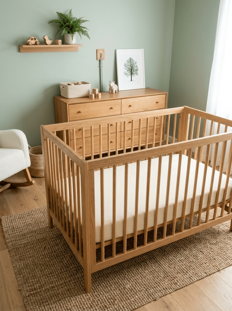 Safe baby boy bedroom setup with a bare crib and an anchored dresser