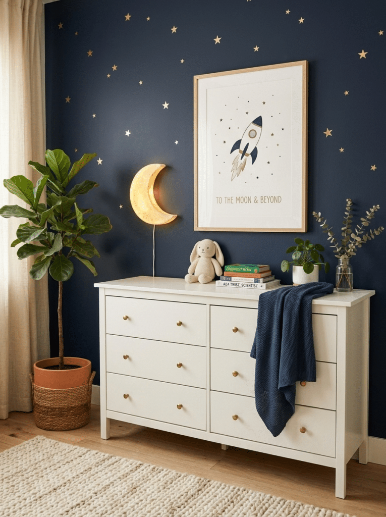 Space themed baby boy bedroom decor with a navy wall and moon night light