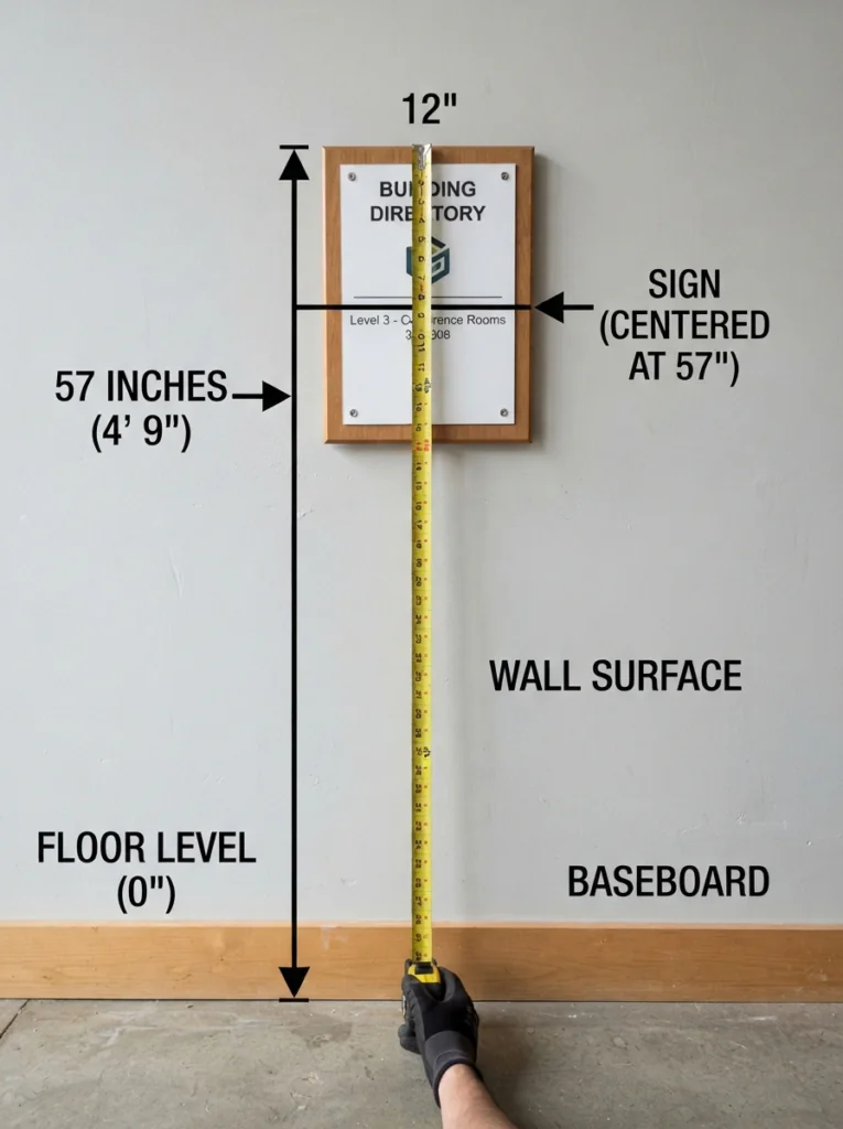 A diagram style photo of a wall with a tape measure marking fifty seven inches from the floor to the center of a sign