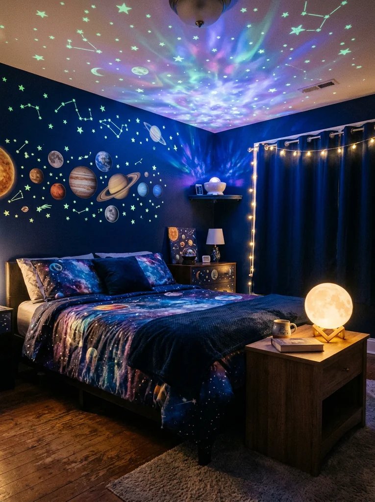 Space themed bedroom with a galaxy projector, glow stars, planet decals, and galaxy bedding at night