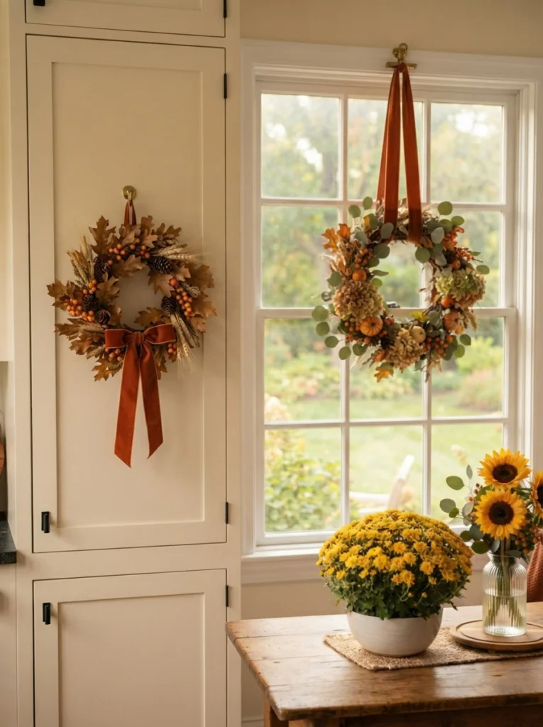 Fall wreaths hanging on a cabinet door and window for fall house decor.