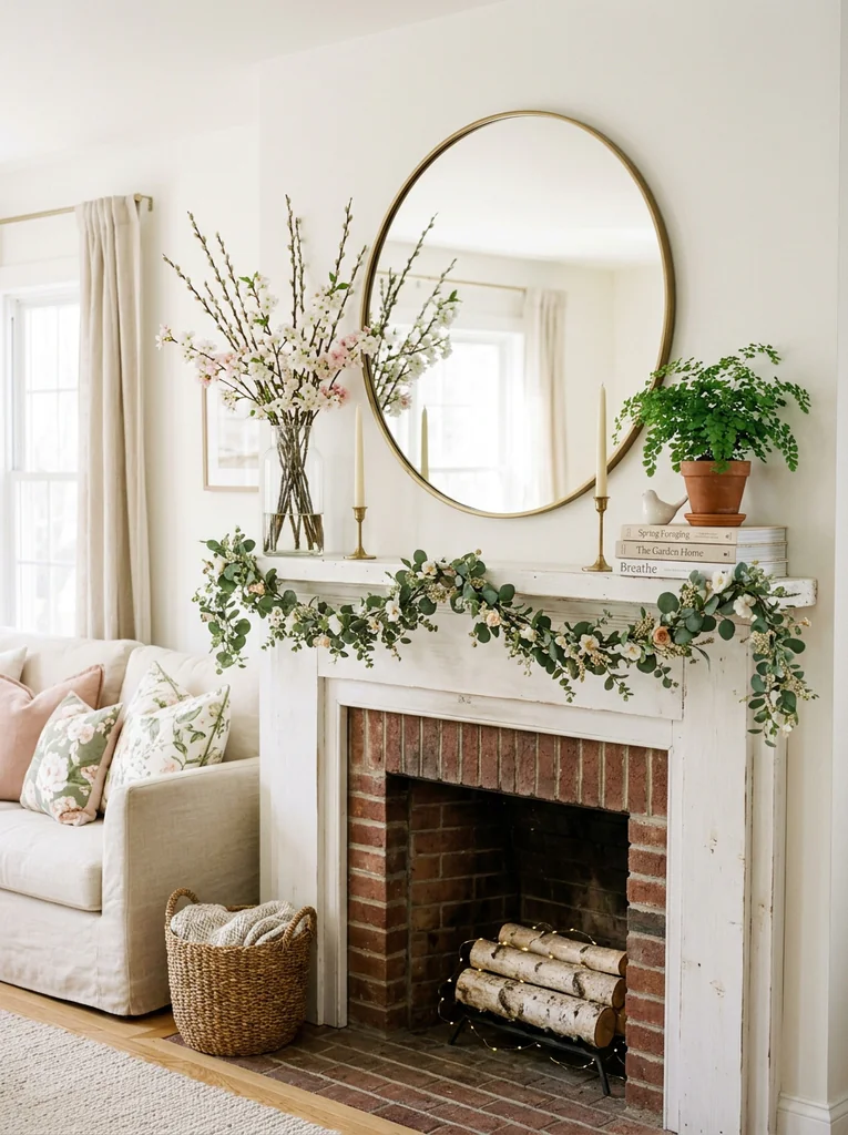 Mantel decor ideas spring styling with a round mirror, branches, candles, books, and a small plant
