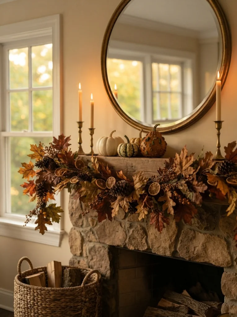 Fall mantel with garland, pumpkins, and candles.