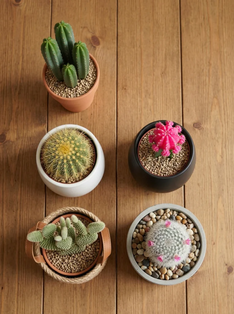 Pot styling ideas for cactus living room decor using terracotta, ceramic, and woven baskets