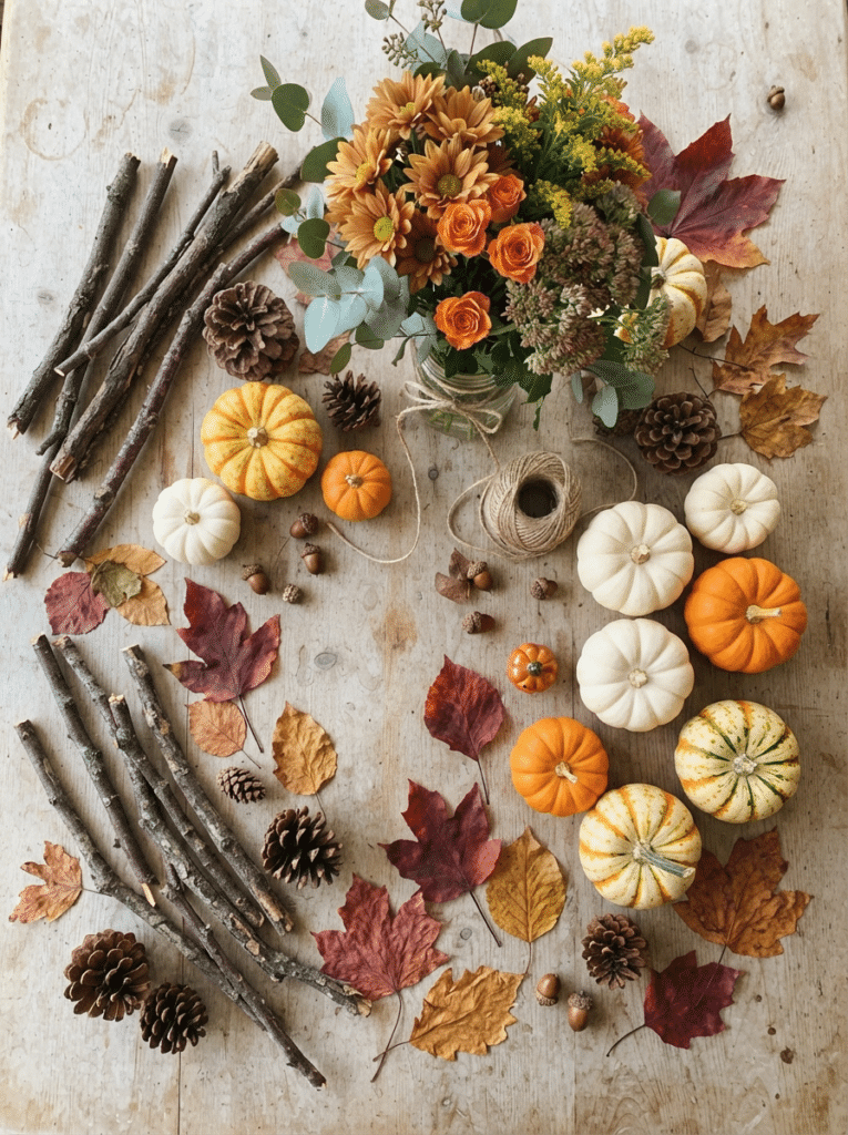A flat lay of low cost decor items. Include sticks, pinecones, colorful leaves, mini pumpkins, and a bunch of grocery store flowers.