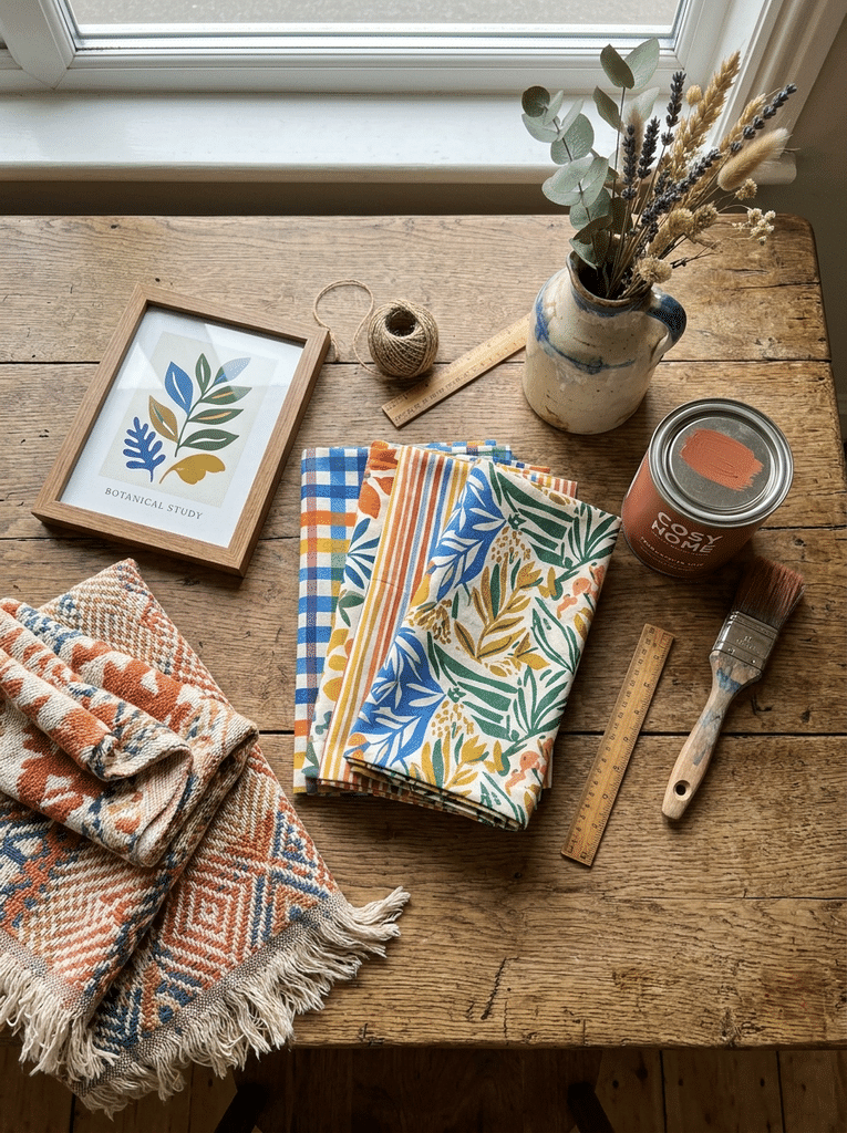 Budget friendly dopamine decor supplies including pillow covers, paint, and a thrifted vase.