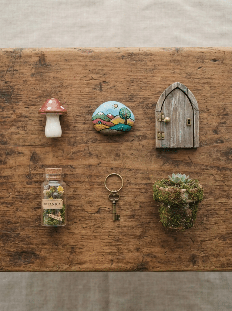 Typical whimsy garden decor items including a toadstool, painted rock, and tiny door