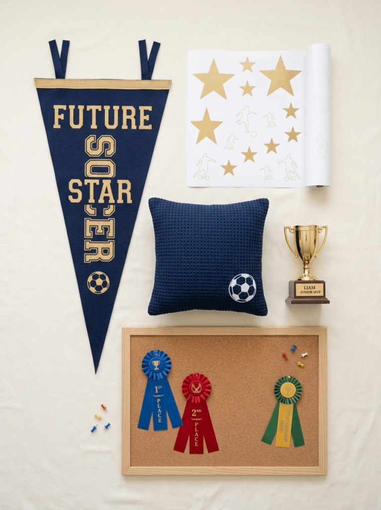 Easy boys bedroom sports decor ideas including pennants, decals, and pillows