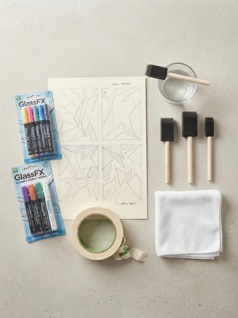 Supplies for fall window painting including markers, brushes, painter's tape, and a sketch