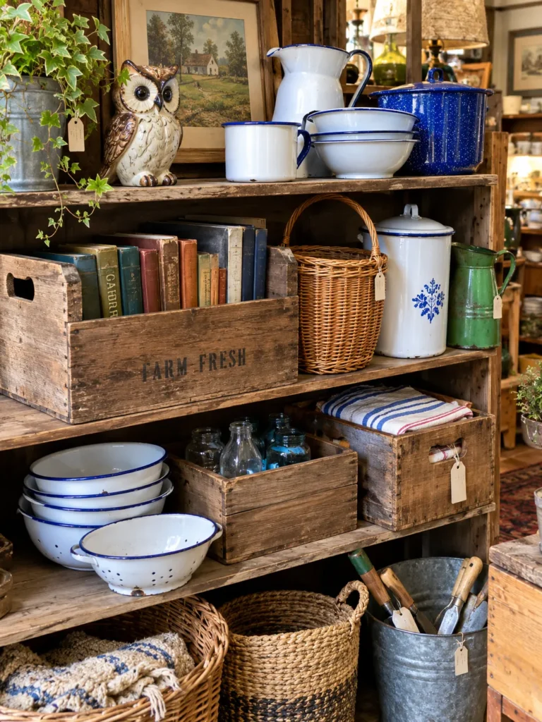 Thrifted baskets, crates, and enamelware for secondhand fall porch decor