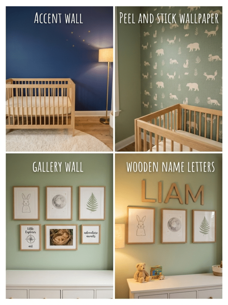 Wall ideas for baby boy bedroom decor including accent wall and gallery wall