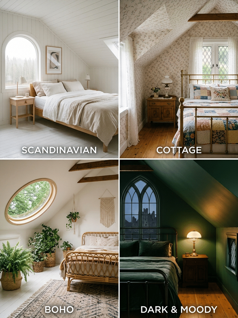 Four attic bedroom ideas by style: Scandinavian, boho, cottage, and dark and moody