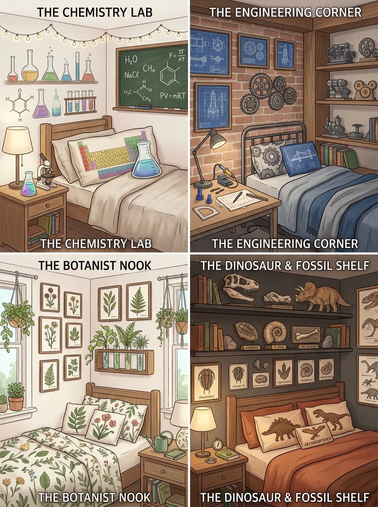 Four science themed bedroom ideas: chemistry lab, engineering gears, botanist plants, and dinosaur fossils