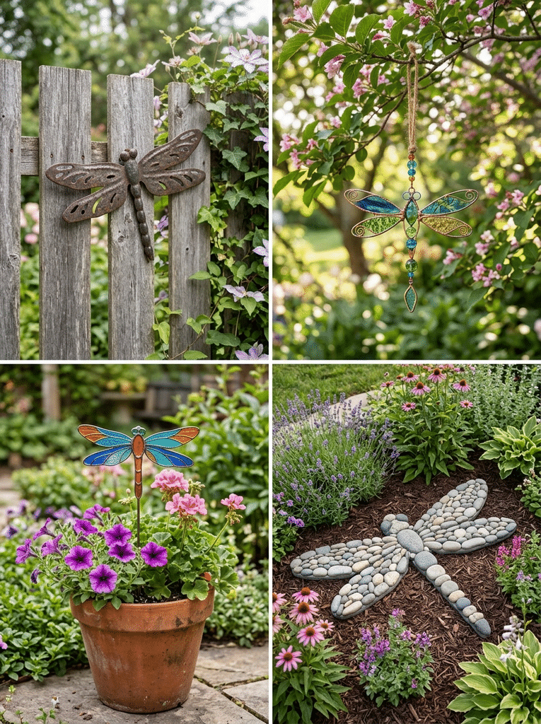 Dragonfly yard art ideas on a fence, as a suncatcher, in a flower pot, and as a rock dragonfly