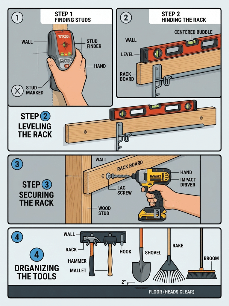 Four steps to install a gardening rack by finding studs, leveling, screwing in, and hanging tools
