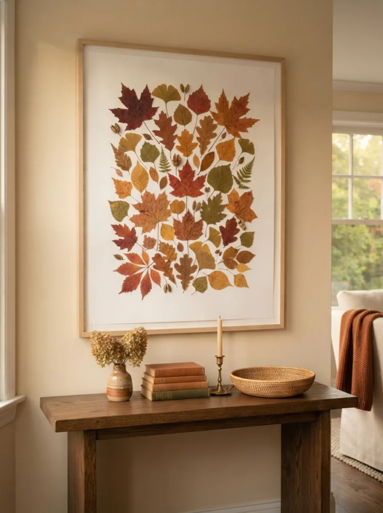 Framed pressed leaf art as easy fall wall decor.