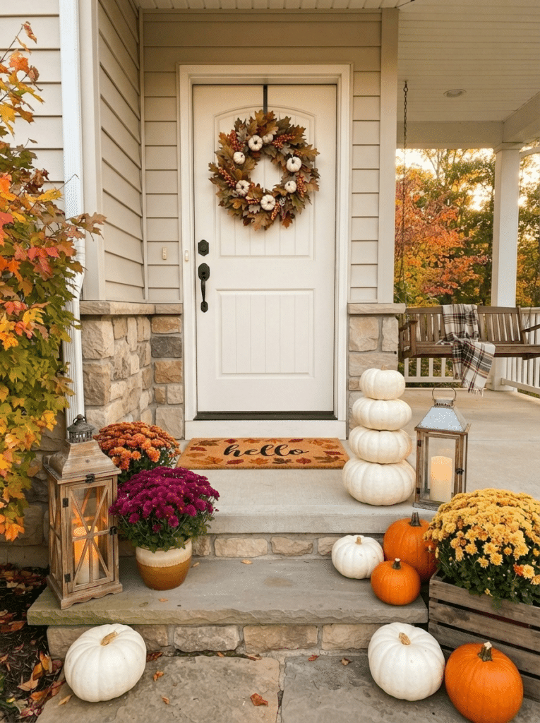 A full view of a front door and porch decorated for fall. Show the wreath, doormat, pumpkins, mums, and lanterns