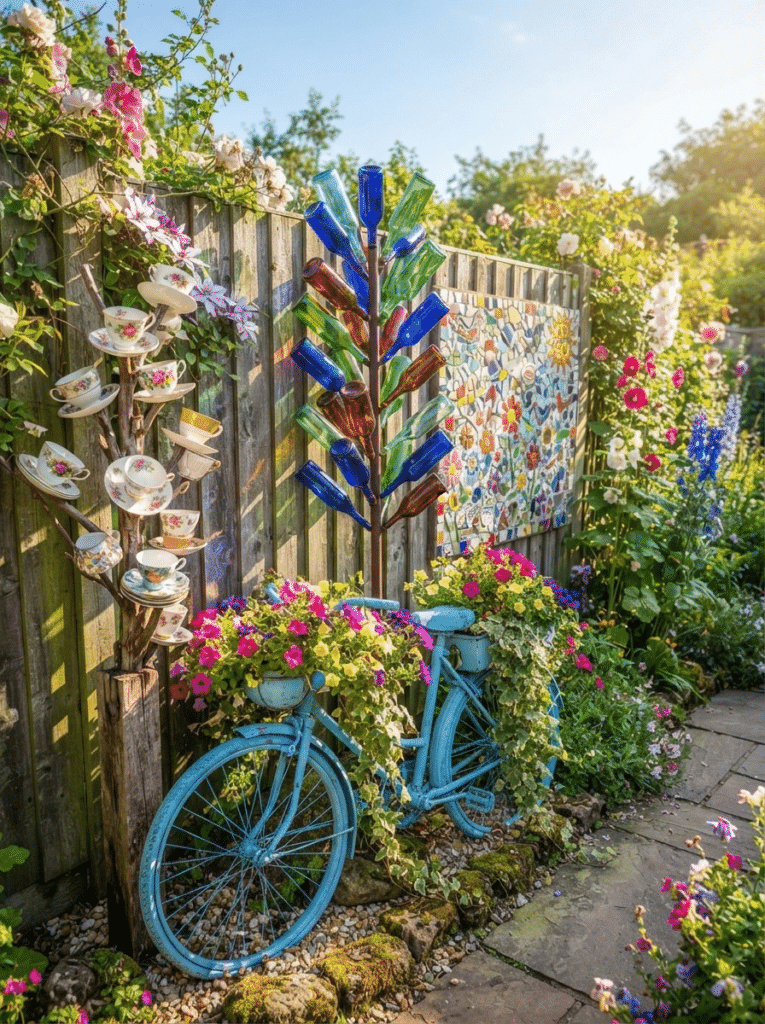 Upcycled unusual garden decor including a bike planter, teacup post, and bottle tree