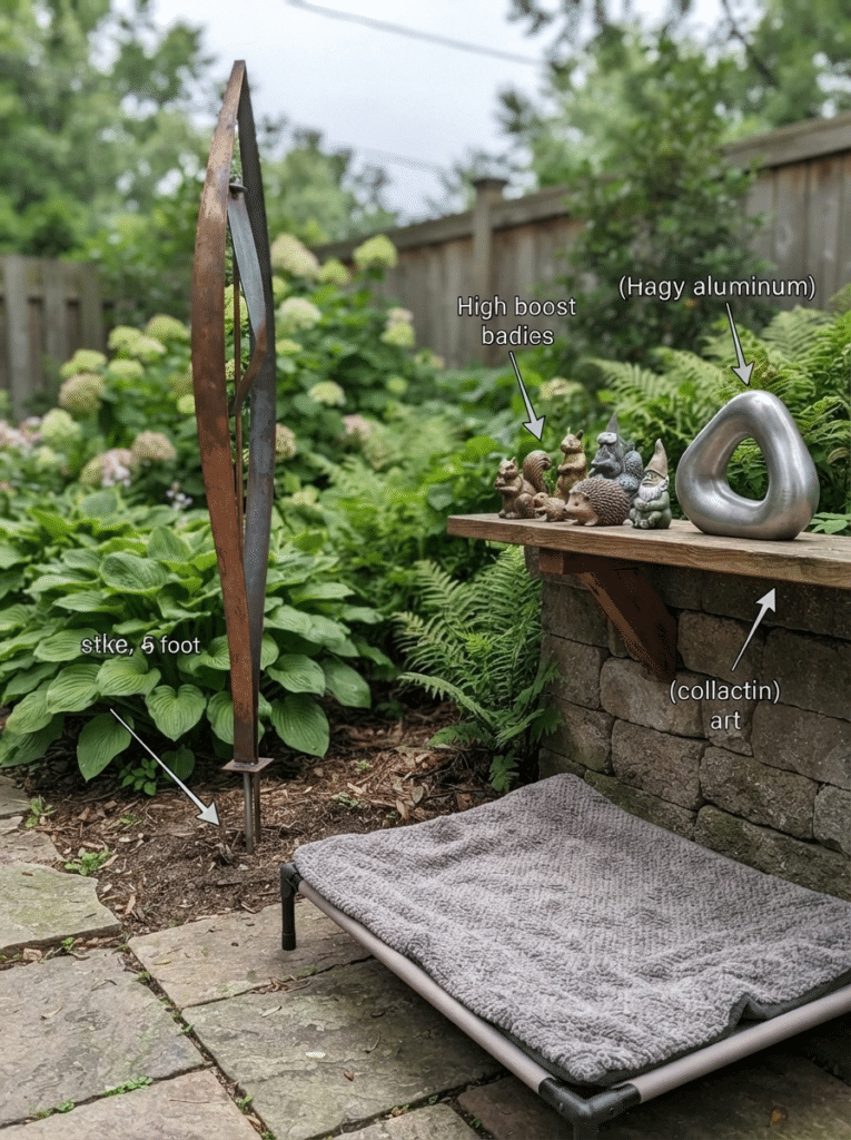 Safety tips for whimsy garden decor including secured sculptures and pet friendly placement