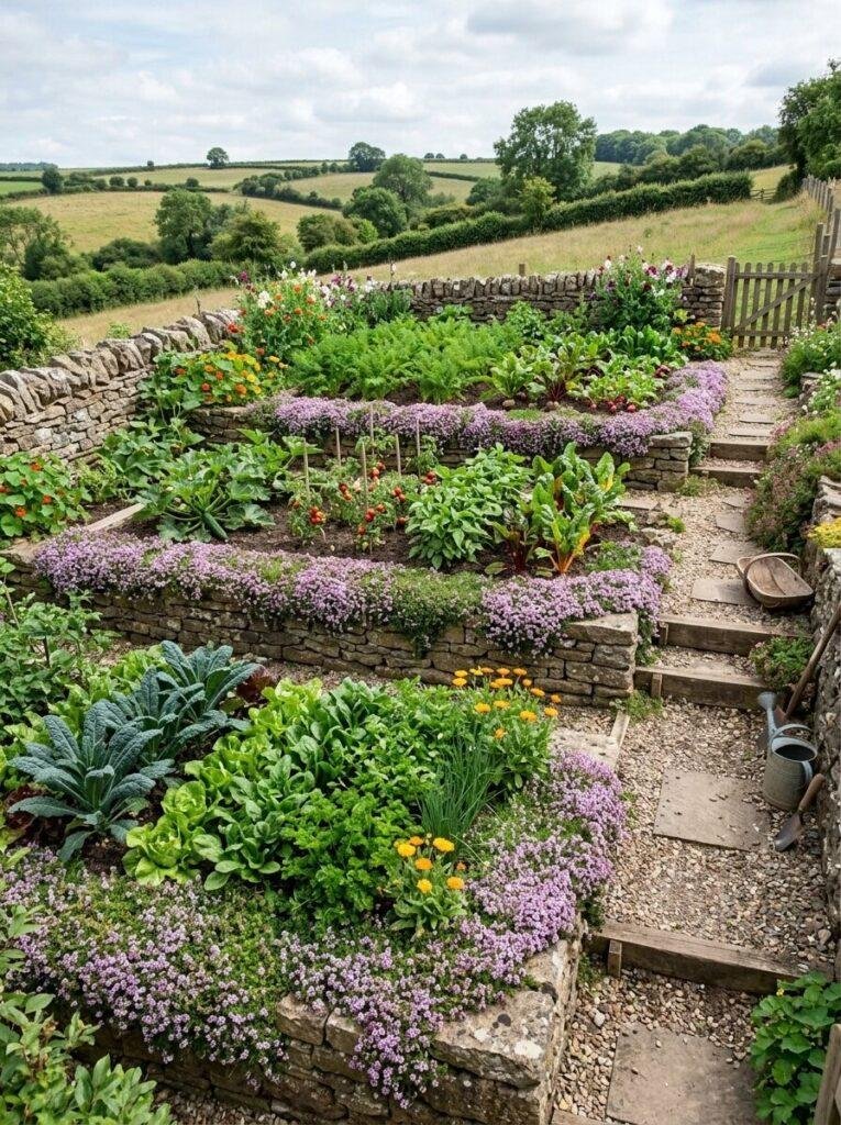 Vegetable gardening on a slope using terraces and creeping thyme to hold soil