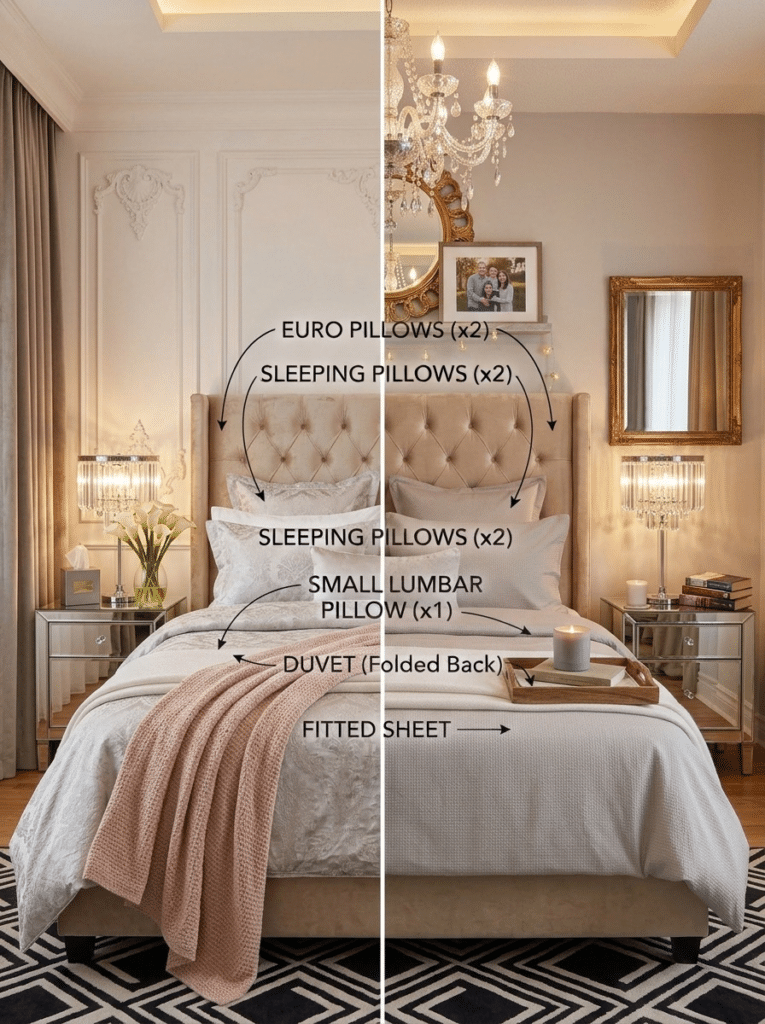 Old Hollywood bedroom decor with mirrored nightstands, crystal lamps, and a velvet headboard