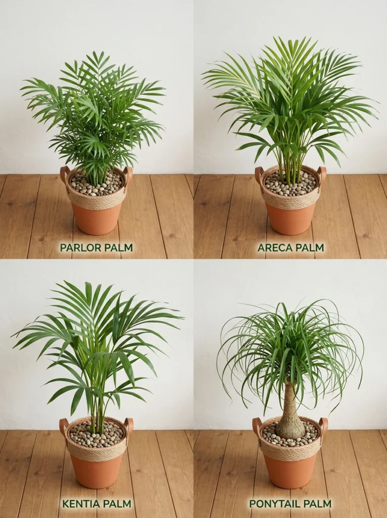 Best indoor palms for a living room including parlor, areca, kentia, and ponytail palm
