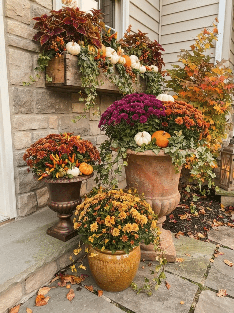 Fall planters, urns, and a window box with mums and pumpkins.