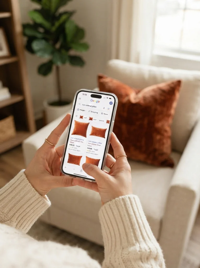 Using photo search on a phone to find affordable fall decorations.