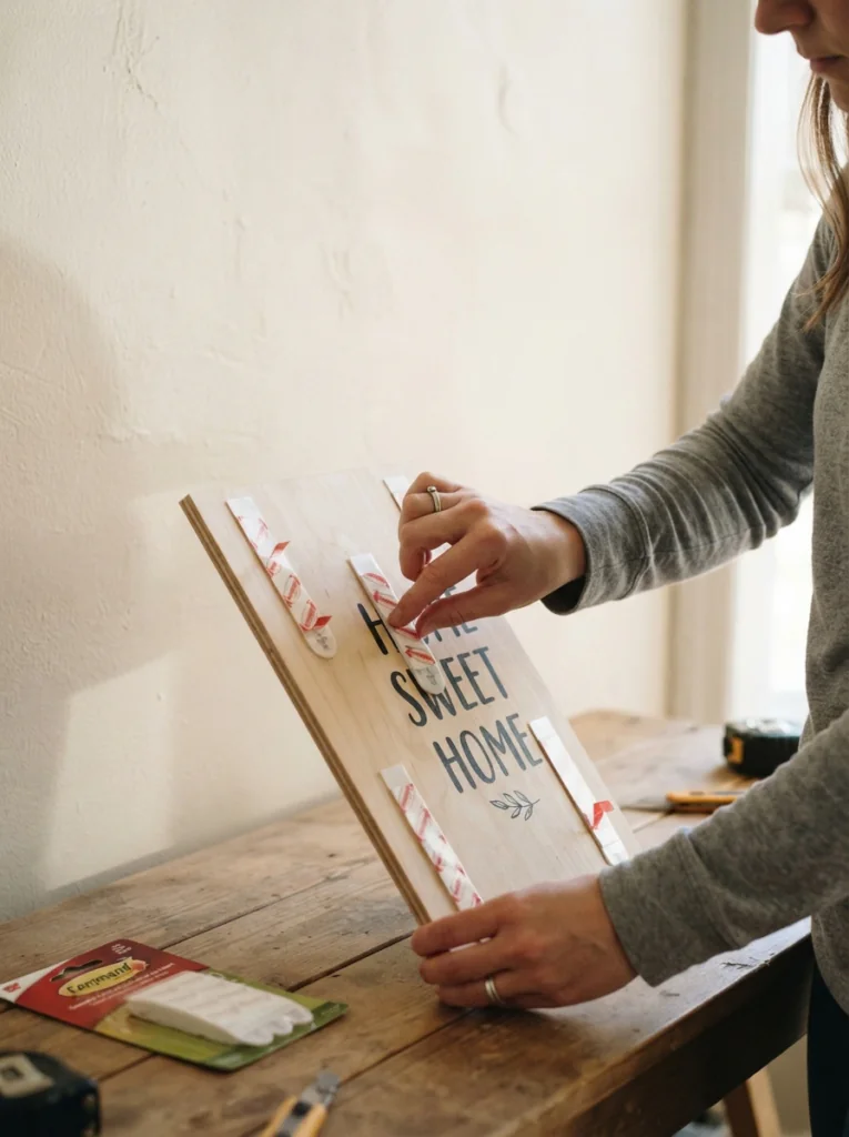 A hand pressing adhesive strips onto the back of a lightweight sign before placing it on a painted wall.