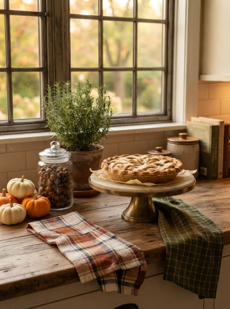 Kitchen counter with fall decor including pumpkins, herbs, towels, and a pie.