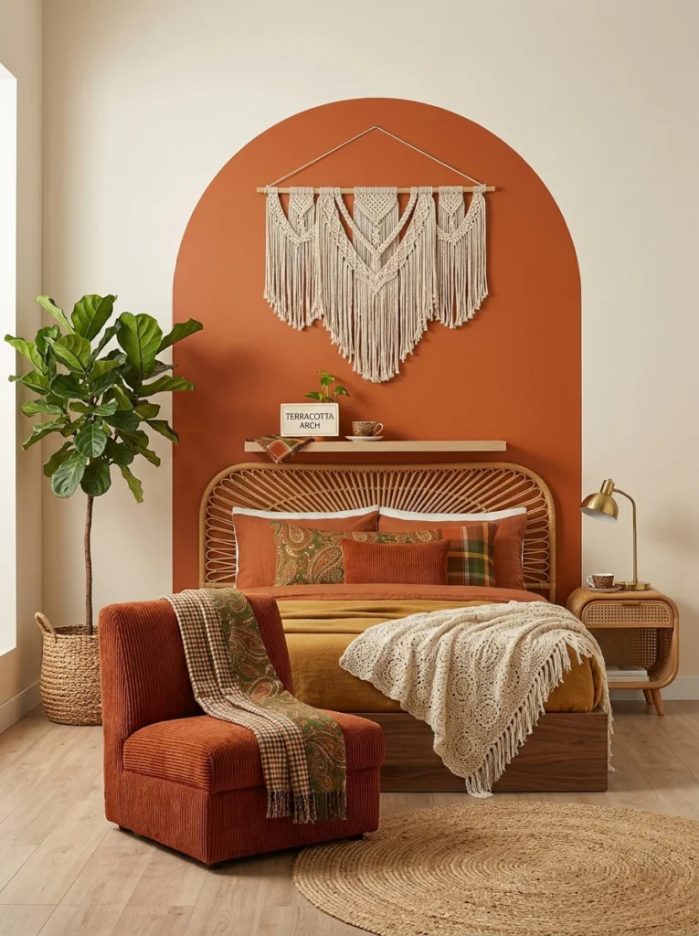 Platform bed with rattan headboard and layered earth tone bedding in a 70s bedroom