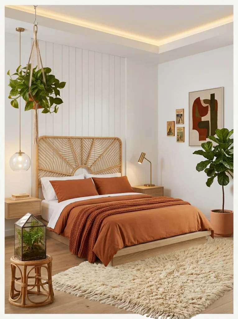Modern bedroom blending 70s bedroom decor with clean lines and warm natural textures