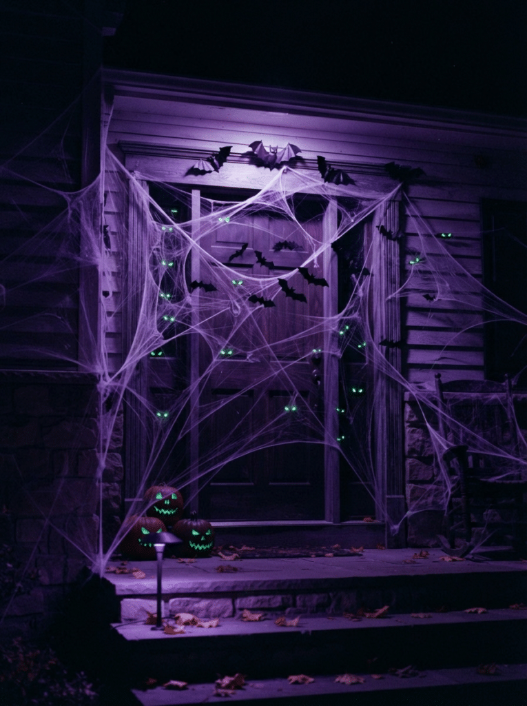 A moody, dark front porch at night. Show a door covered in webs, glowing green eyes, and a few bats, lit by one purple light.