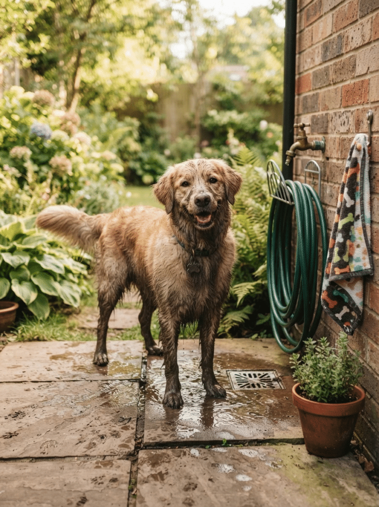 Outdoor paw wash station with a tap and drain for rinsing a muddy dog
