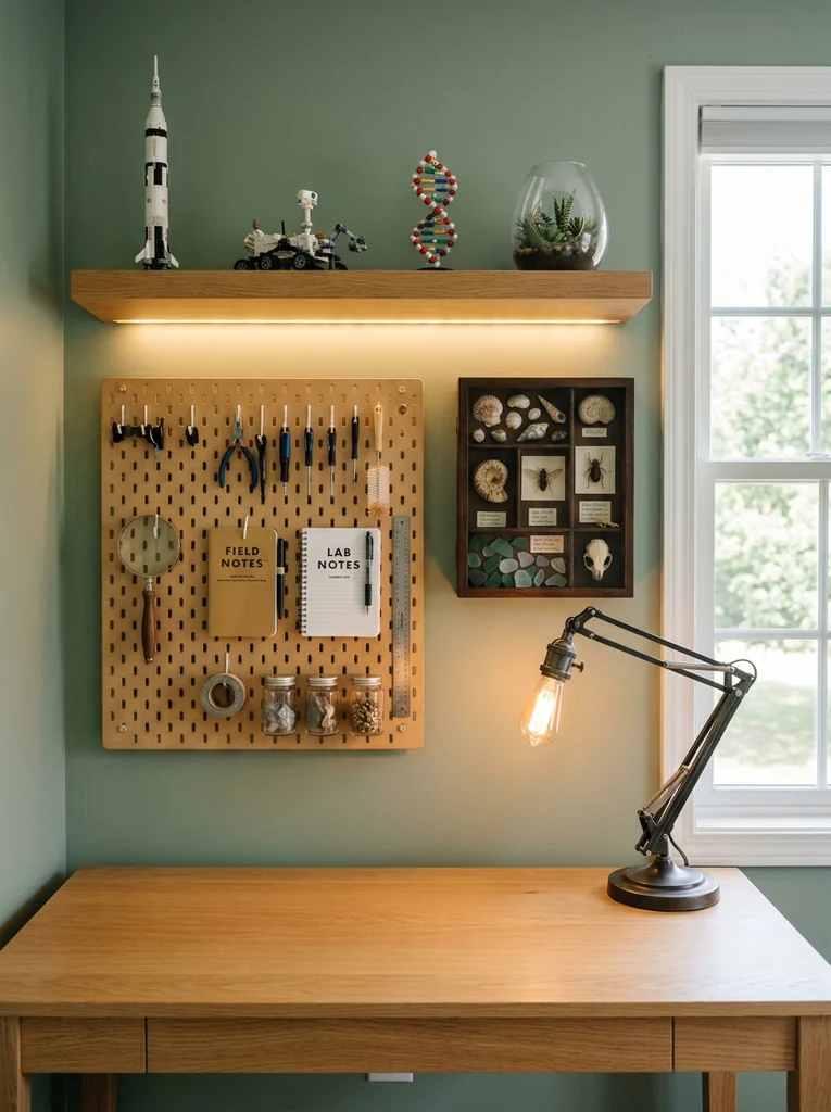 Science bedroom desk wall with a pegboard, display shelf, shadow box, and under shelf lights