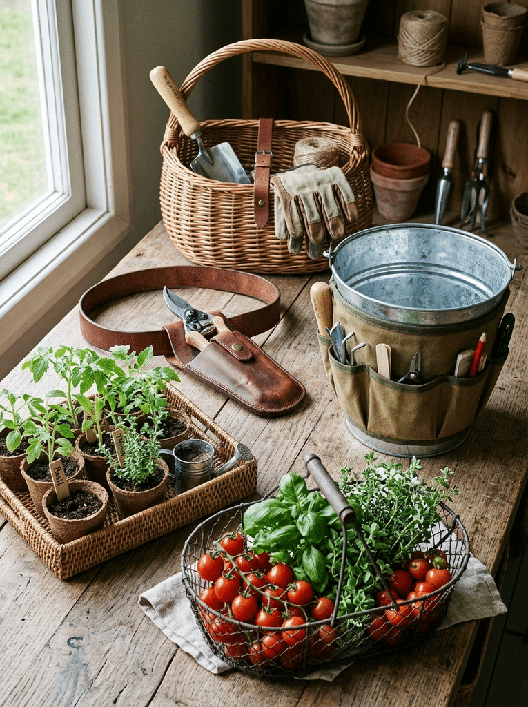 Gardening basket, bucket caddy, holster, rattan tray, and harvest basket arranged for garden storage and carrying